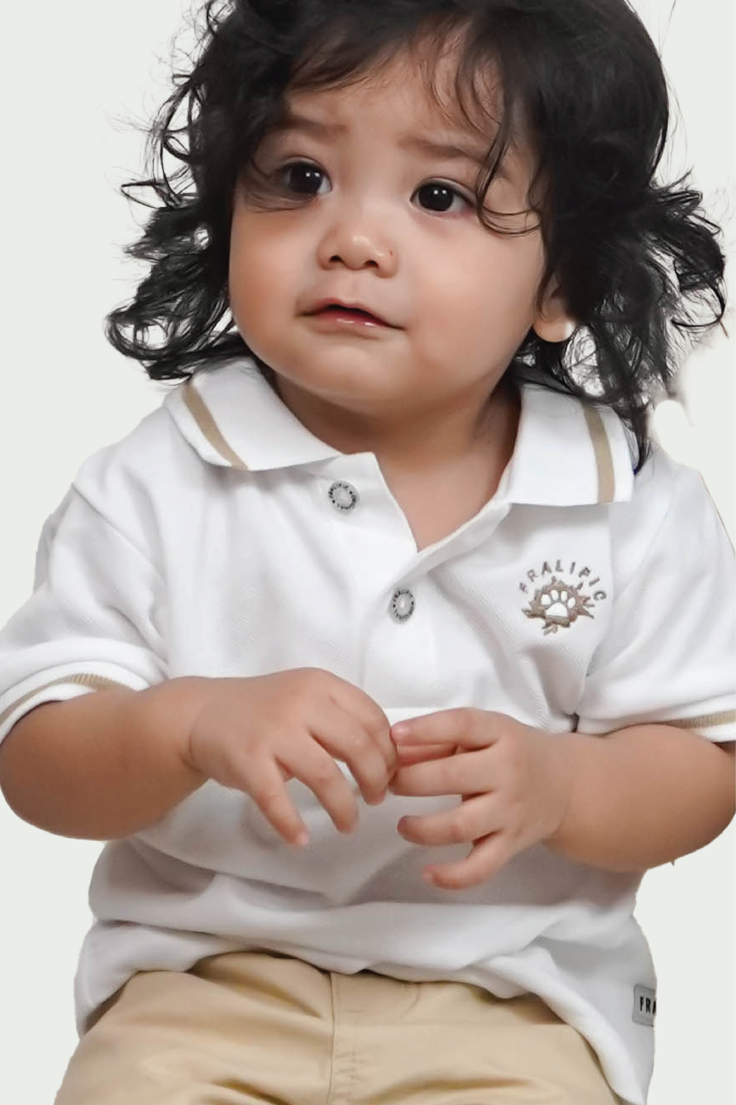 Toddler Boys White Polo Shirt with Beige Lining and Fralific Merch Icon