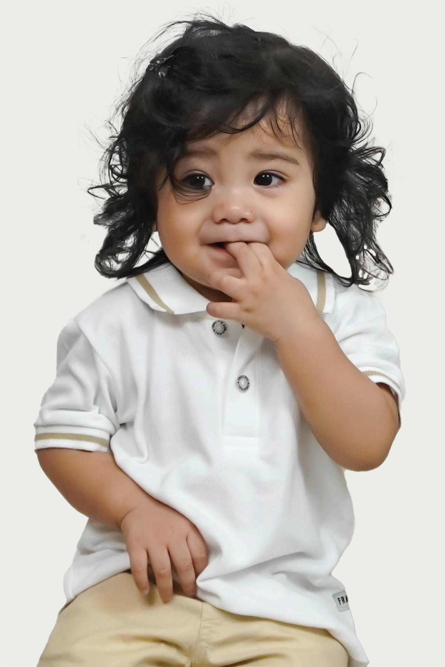 Toddler Boys White Polo Shirt with Beige Lining and Fralific Merch Icon