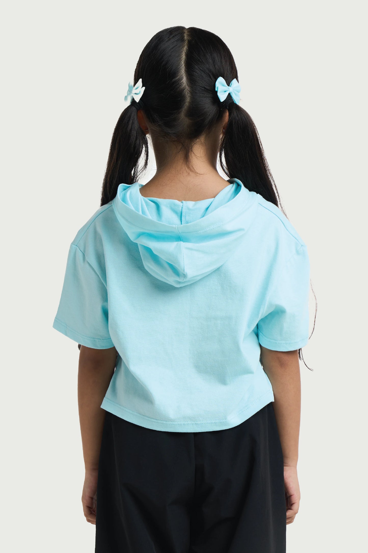Kids Wear Teal Cropped Hoodie Shirt – Cute Cat Print for Girls