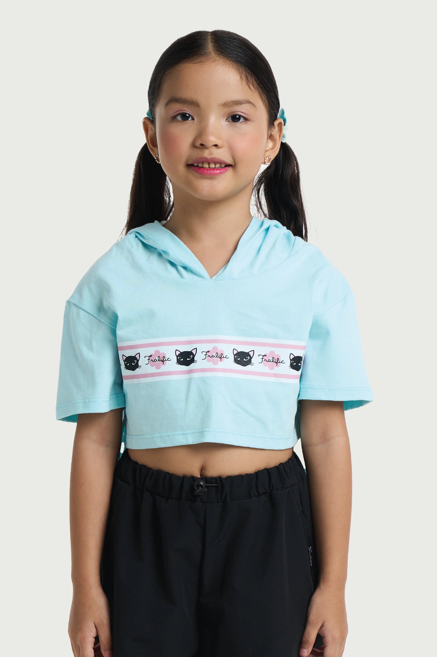 Kids Wear Teal Cropped Hoodie Shirt – Cute Cat Print for Girls