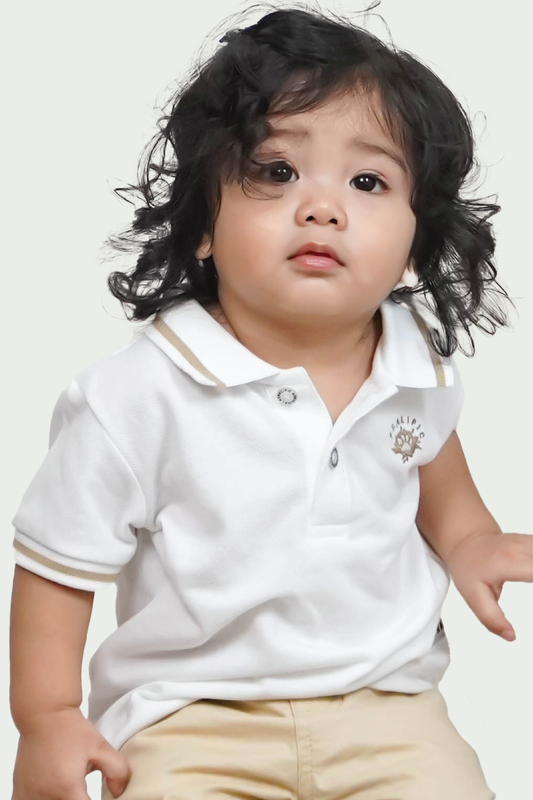 Toddler Boys White Polo Shirt with Beige Lining and Fralific Merch Icon