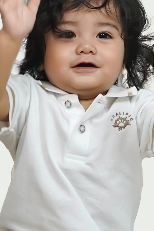 Toddler Boys White Polo Shirt with Beige Lining and Fralific Merch Icon