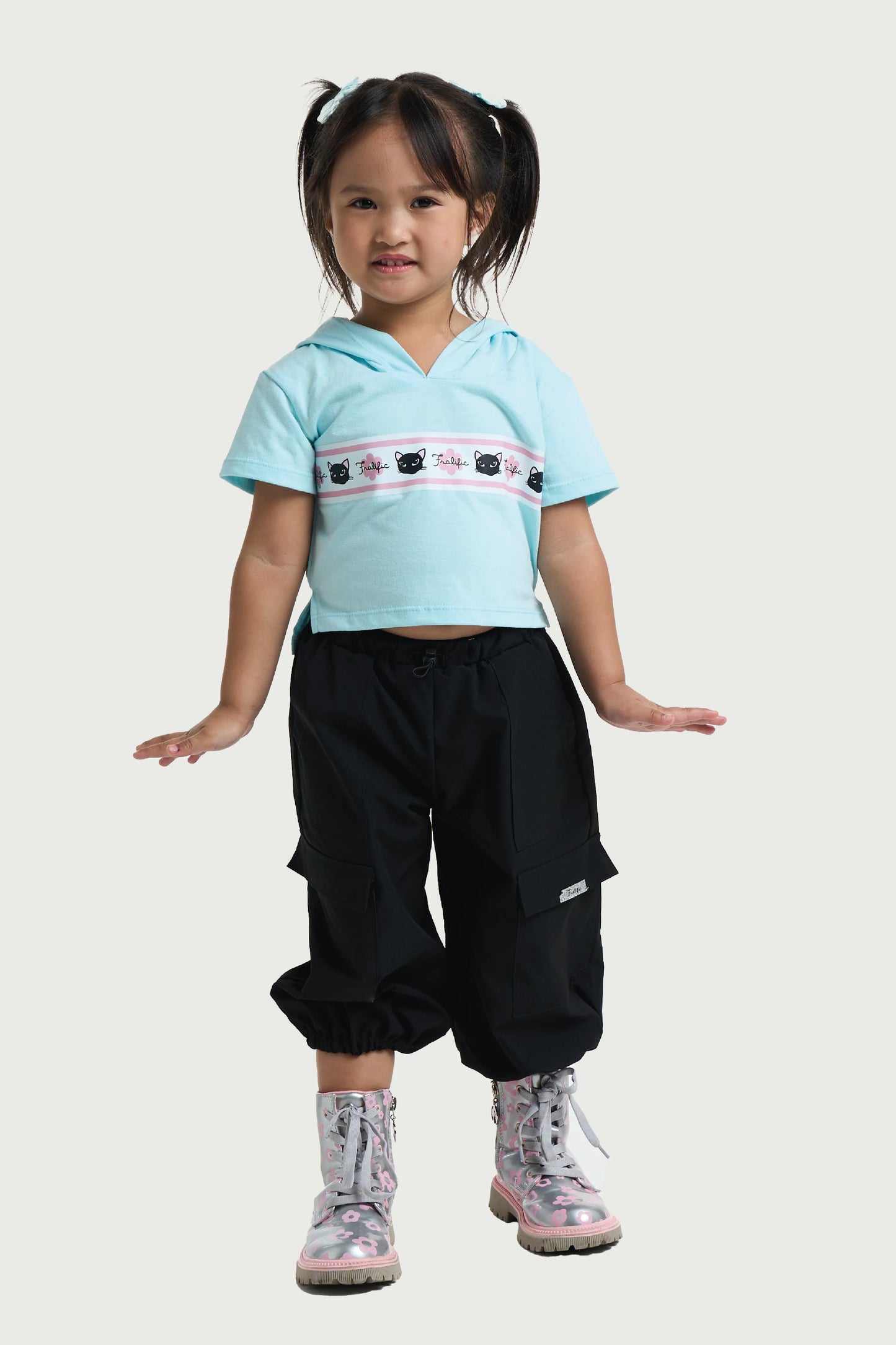 Teal Cropped Hoodie - Minimal Print for Toddler Girl